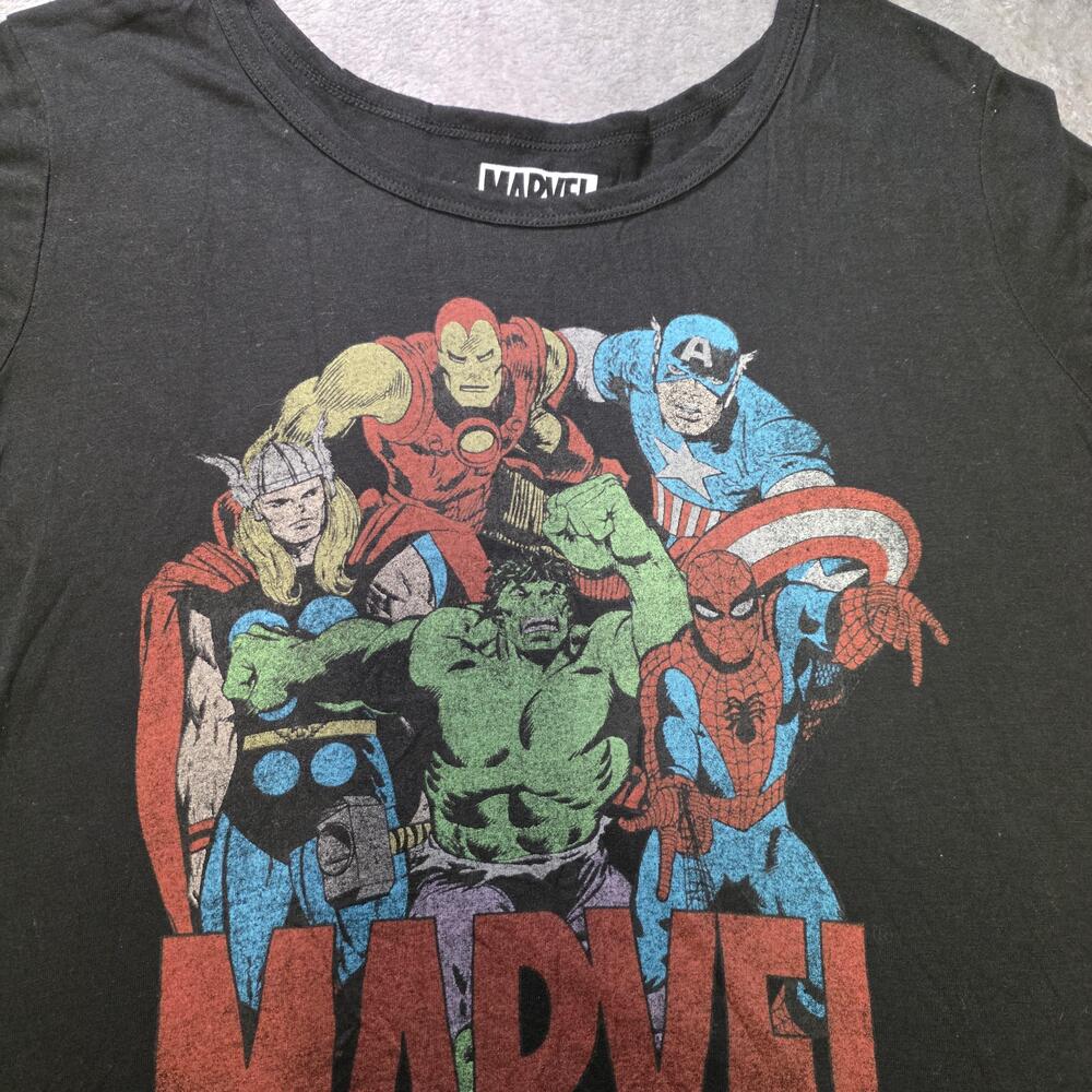 Marvel Shirt Womens XL Black Avengers Superhero Graphic Tee Hulk Thor Spider-Man